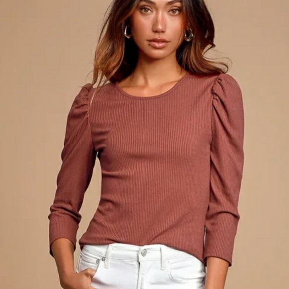 Lulus Haley Washed Burgundy Three-Quarter Sleeve Scoop Neck Top Fitted Tee Sz S - Picture 1 of 9